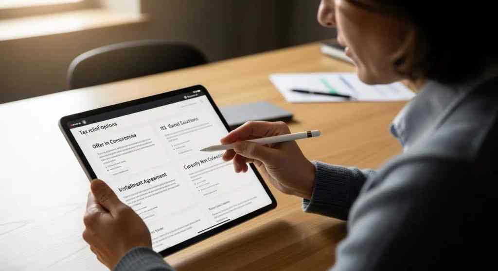 Person reviewing tax relief options on a tablet — comparing IRS debt solutions
