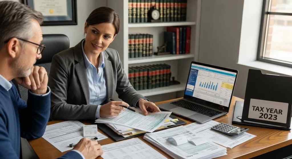 CPA helping a client with tax forms and financial documents — demonstrating tax preparation and compliance