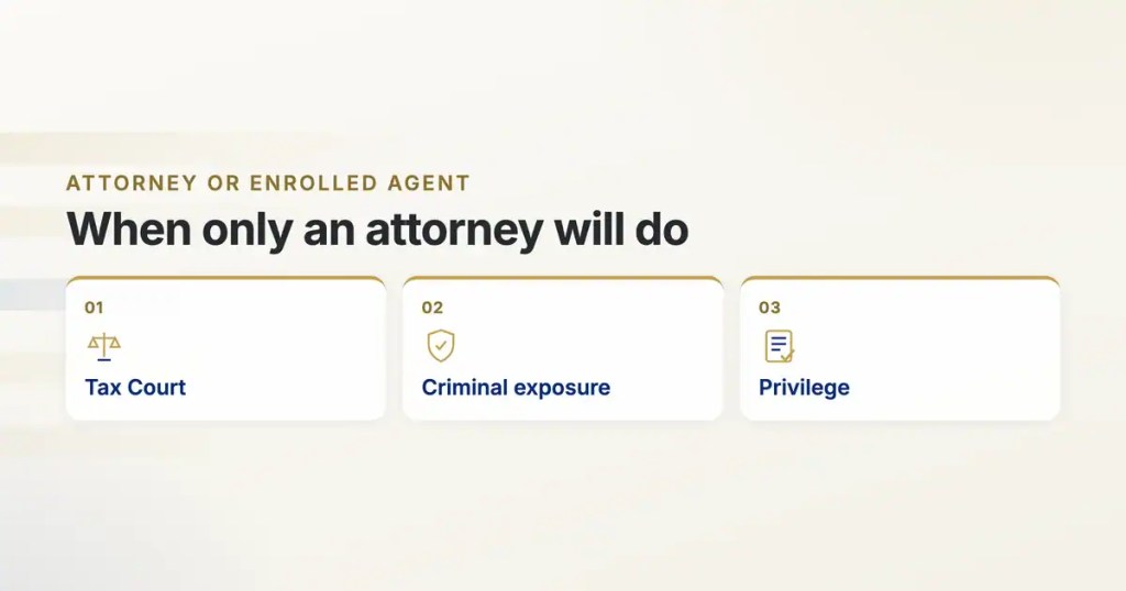 Infographic titled When only an attorney will do, listing Tax Court, criminal exposure, and privilege as the cases that require a lawyer