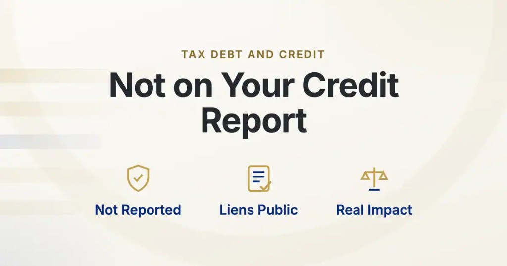Tax Debt and Credit. Not on Your Credit Report. Not Reported, Liens Public, Real Impact